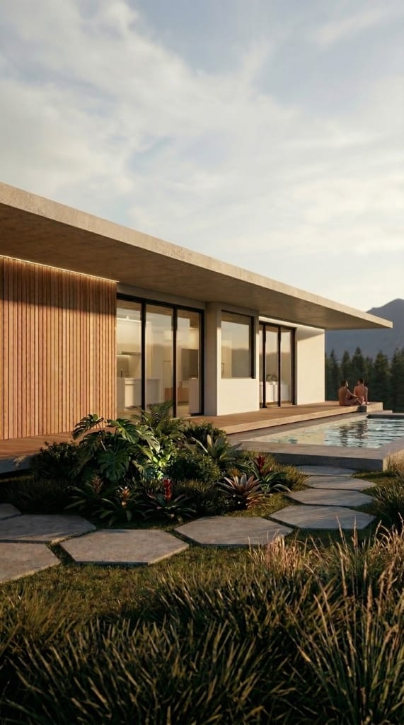 Área externa da Nuc Haus II com deck e piscina